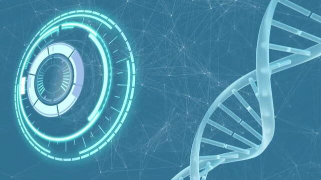 Animation of processing circle and dna chain over blue background with constellations