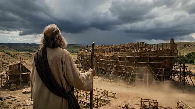 Biblical Patriarch Noah Standing near Large Wooden Ark Frame under Cloudy Sky Depicting Construction and Preparation for Great Flood in Old Testament History

