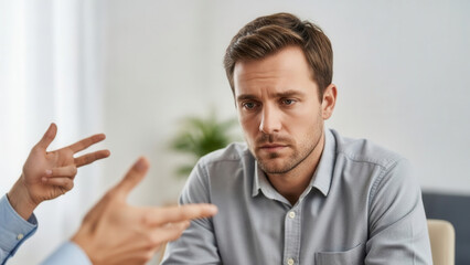 Caucasian man looking at floor during argument in living room, conflict resolution and interpersonal communication