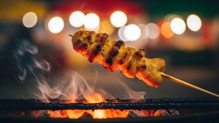 Grilled Chicken Skewer Cooking Over Open Flame at Night with Blurred Lights in Background