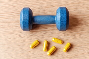 dumbbell rests on wooden surface. Pile of white capsules pills nearby. Protein creatine nutrition supporting athletic active weight goals healthy lifestyle nourishment diet stamina promoting