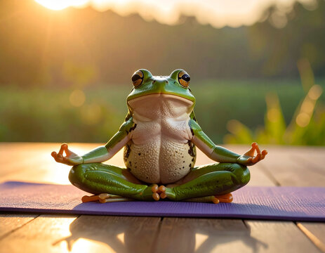 Frosch macht Yoga auf der Yogamatte