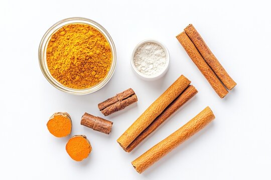 Natural turmeric powder with cinnamon stick spice root yellow brown culinary seasoning aromatic herbal organic healthy wellness cooking.