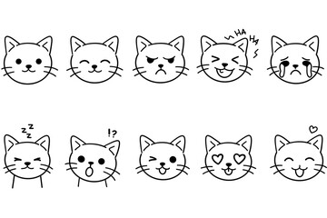 Black and White Doodle Cat Facial Expression Set for Emotion Icons