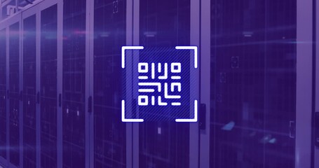 Animation of neon qr code over server room in violet - Powered by Adobe
