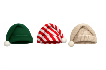 Christmas holiday hats set with green elf hat, striped santa cap, and knitted beige winter beanie pompom