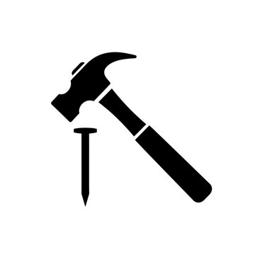 Black silhouette of a hammer hitting a nail on white background.