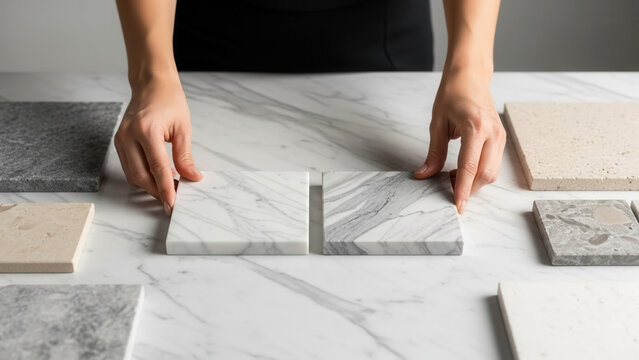 Caucasian woman arranging marble tile samples on table, interior design and material selection in commercial setting