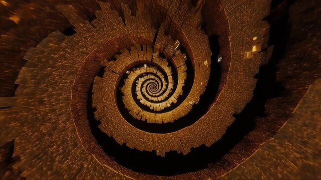 A spiraling abstract view, metallic in color with textures and dark negative space