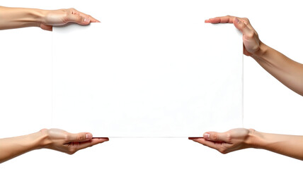 Two hands holding up a large blank white horizontal poster for your text. Isolated on transparent background, png