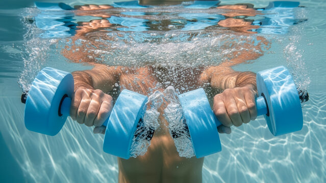 Man hands with aqua dumbbells spreading water resistance in pool, aquatic fitness and exercise training