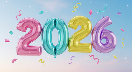Colorful Balloon Numbers 2026 with Confetti on Light Blue Sky Background