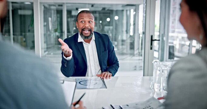 Documents, business man and meeting with people for finance pitch, investment request or proposal. Financial investors, mature person and paperwork in office for funding negotiation or sales feedback