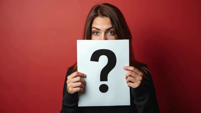Anonymity. Woman hiding behind paper sheet with question mark on dark red background, space for text.