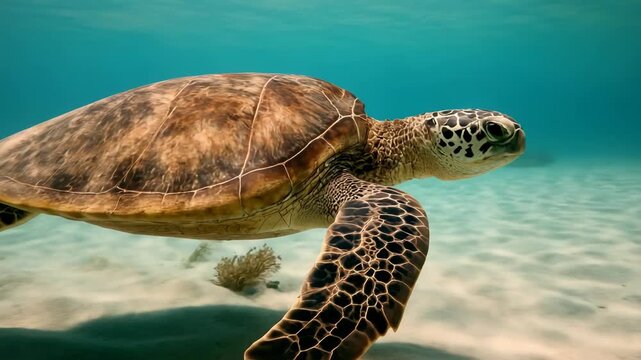 Underwater video scene of a sea turtle swimming gracefully. Captured from a side angle, showcasing its detailed shell and serene ocean backdrop. Live desktop wallpaper.