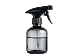 Transparent bottle with black trigger sprayer, filled with clear liquid
