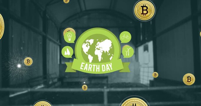 Animation of earth day text with globe icon and bitcoin symbols over building interior