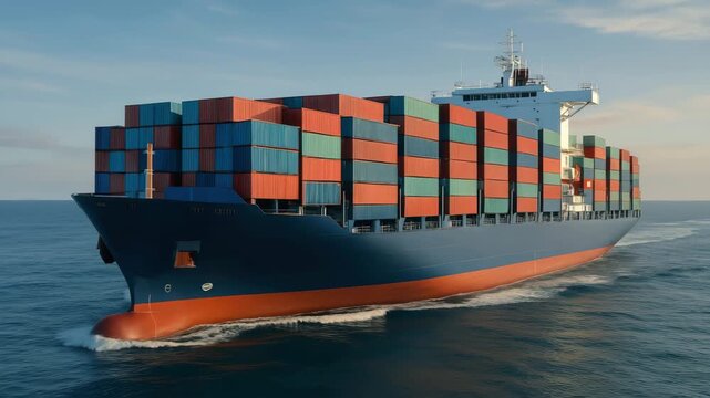 Dynamic low-angle video of a massive cargo ship at sea, showcasing vibrant containers under a clear sky, emphasizing global trade and transport. Live desktop wallpaper.