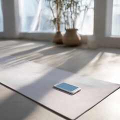 Minimal yoga studio scene with smartphone on a mat, symbolizing digital detox and mindful wellness.