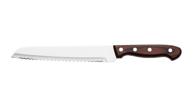 A serrated kitchen knife with wooden handle.