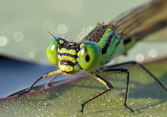 Macro Shot of Damselfly on Leaf with Water Droplets