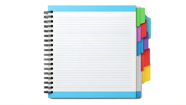 A spiral notebook with colorful tabs on transparent background