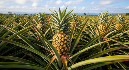 Obraz premium Single ripe pineapple centered among plants, dramatic perspective highlighting tropical agriculture scene
