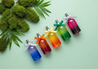 Colorful Perfume Bottles with Ribbons on Green Surface