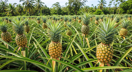 Fototapeta premium Tropical pineapple farm with multiple fruits, green foliage, palm trees in background