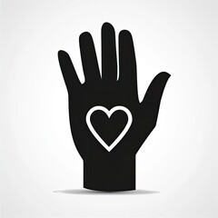 Obraz premium Black silhouette of an open palm holding a white outline heart. Shows care and compassion