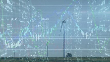 Animation of financial data processing and moving columns over wind turbines - Powered by Adobe
