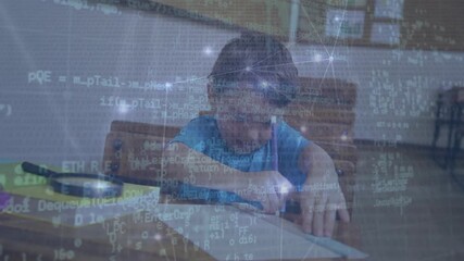 Animation of connected dots, programming language over asian boy drawing with scale and pencil - Powered by Adobe