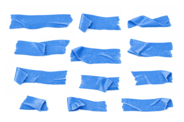 Blue painter's tape collection with crumpled masking strips, adhesive textures on transparent background