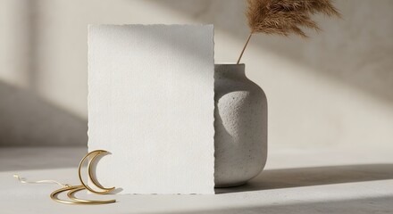 A blank card on a table with a vase and decorative items in a serene indoor setting viewed from the side