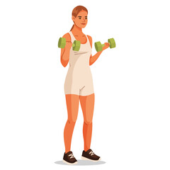Young woman exercising with green dumbbells, flat graphic style, isolated white background. Concept of healthy lifestyle. Vector illustration © GN.STUDIO