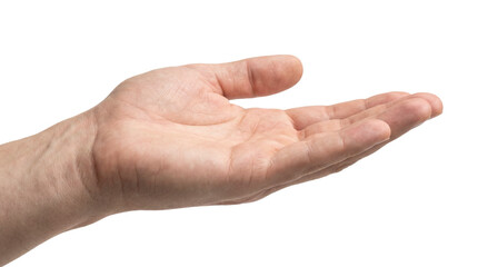 Male hand in open palm gesture, side view, isolated on transparent background.