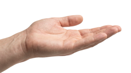 Male hand in open palm gesture, side view, isolated on transparent background.