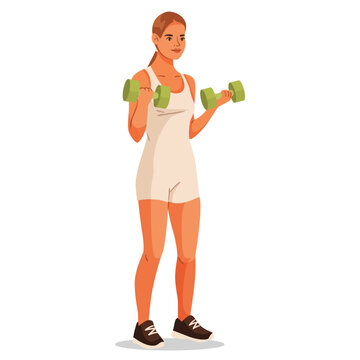 Young woman exercising with green dumbbells, flat graphic style, isolated white background. Concept of healthy lifestyle. Vector illustration