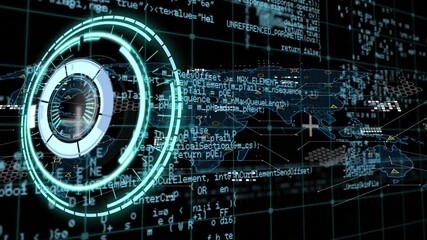 Animation of neon round scanner and data processing over world map against black background - Powered by Adobe