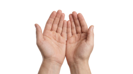 Male hands with open palms held together, front view, isolated on transparent background.