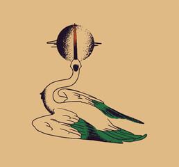 Obraz premium Mystic design of tattoo with crane bird and moon. Sketch of retro tatto with luna and heron. Mysterious tatoo in gothic style with feathered animal. Hand drawn outline isolated vector illustration