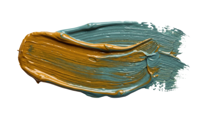 Teal and mustard acrylic paint smear with textured brushstroke isolated on transparent background.