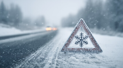 Fototapeta na wymiar Verschneites Warndreieck mit Schneeflocken-Symbol steht am Straßenrand