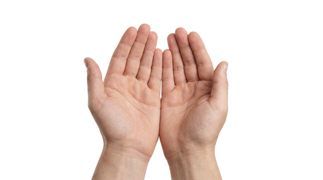 Male hands with open palms held together, front view, isolated on transparent background.