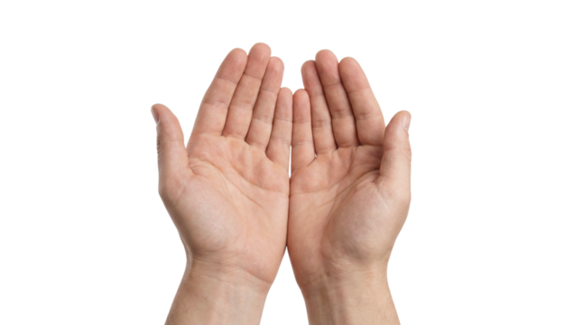 Male hands with open palms held together, front view, isolated on transparent background. - Powered by Adobe