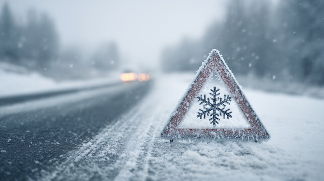 Verschneites Warndreieck mit Schneeflocken-Symbol steht am Stra&szlig;enrand