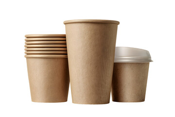 Brown Kraft Paper Coffee Cups Stacked & Single on White Background, Eco-Friendly