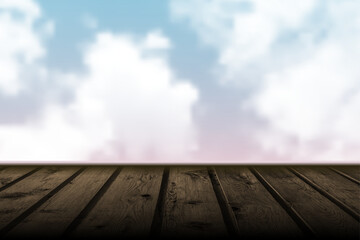 Wooden floor with cloudy sky background, empty mockup scene with copy space. Vector graphic design