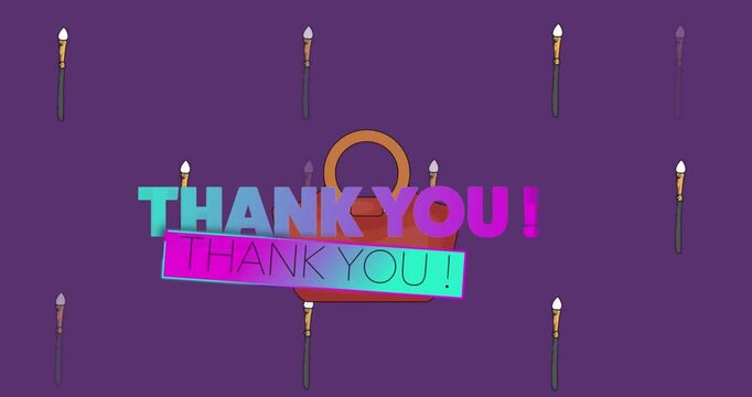 Animation of thank you text over brushes and bag icons on purple background
