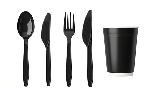 A set of black plastic utensils and a cup on transparent background